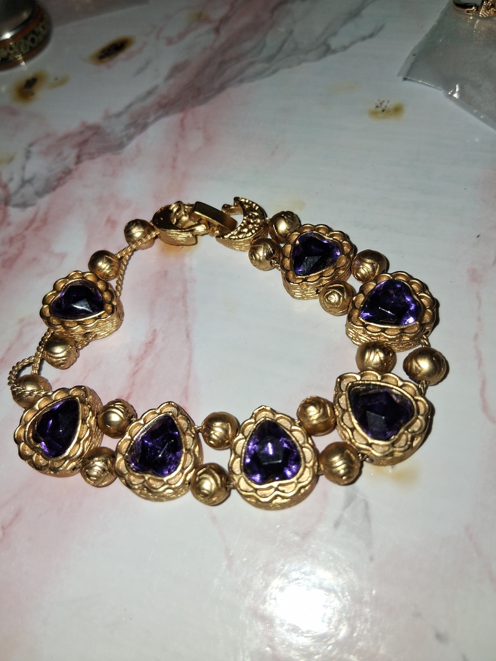 Vintage Gold-Tone Bracelet with Purple Heart Gemstones